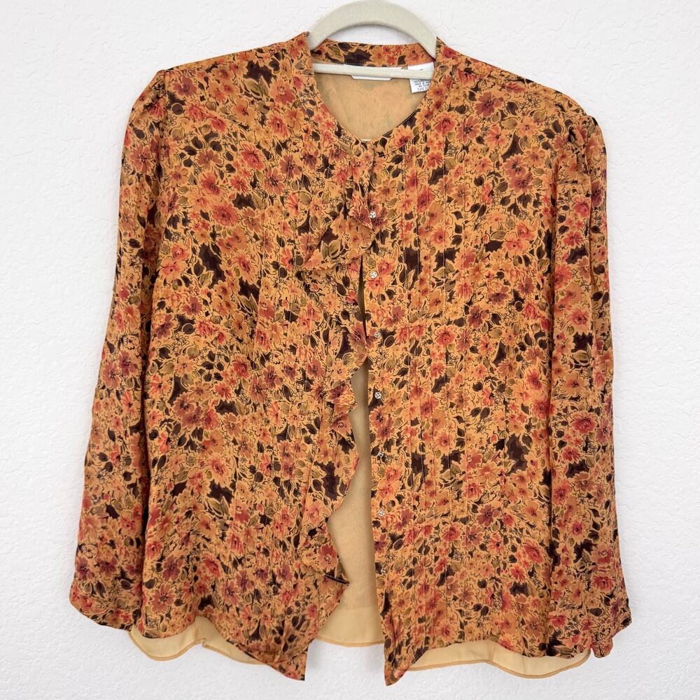 Laura Ashley Womens 100% Silk Blouse Size 12 Cottagecore Floral Ruffle Autumn